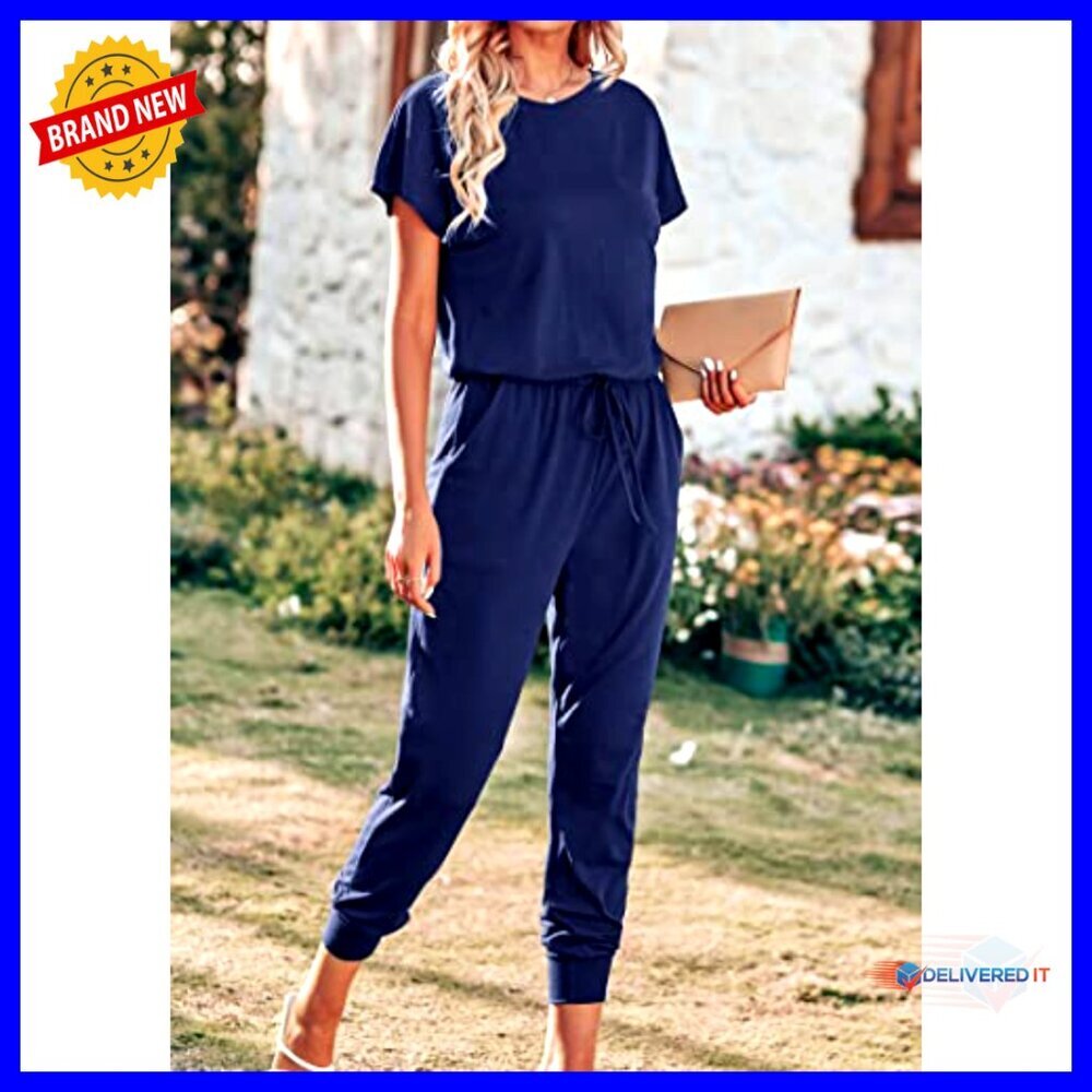 Short Sleeve Jumpsuit Casual Loose Fit Lightweight Summer Travel Outfit - Picture 4 of 7